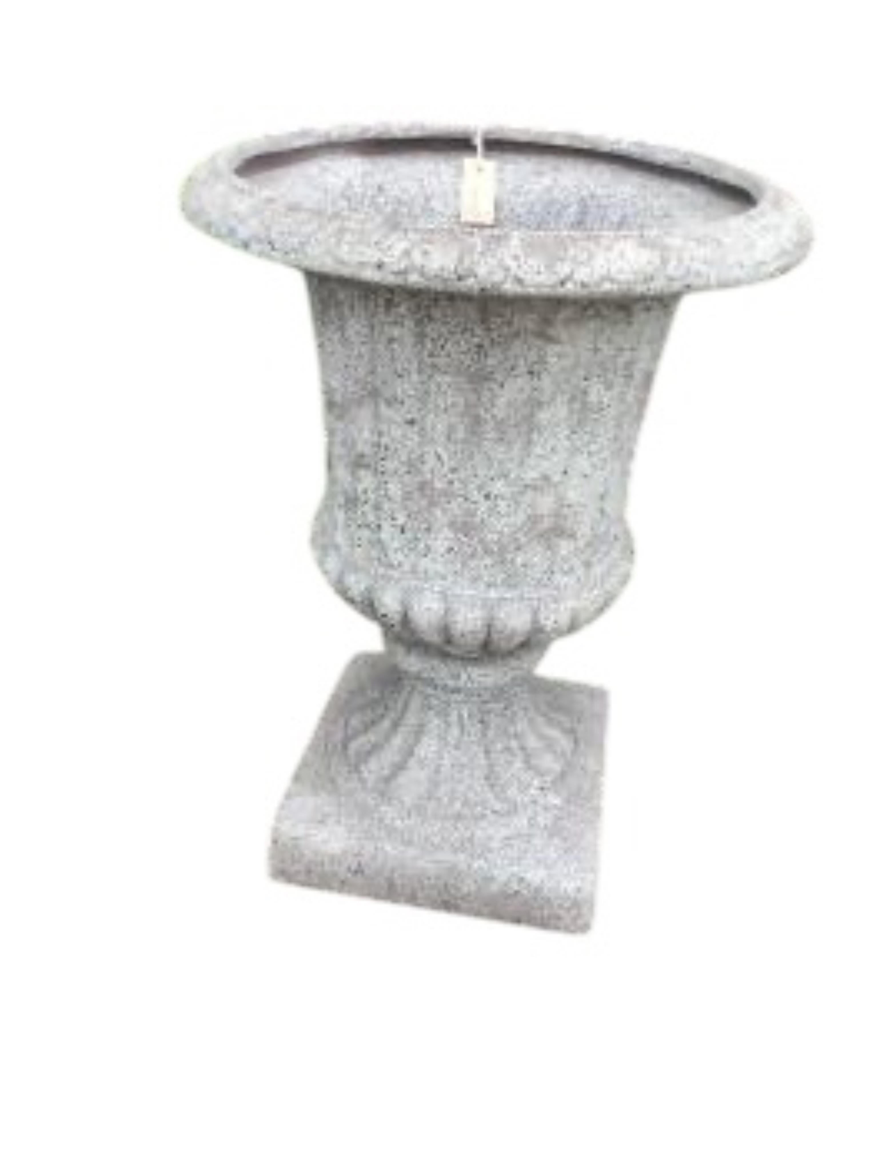 A pair of circular Fibreclay campana garden urns, diameter 54cm, height 72cm